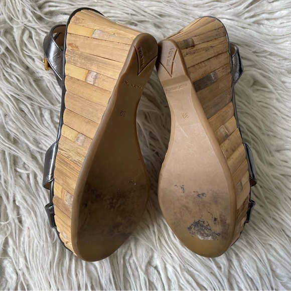 Prada Metallic Silver Pewter Patent Leather Bamboo Wedge Ankle Strap Sandals 39 - Picture 13 of 13
